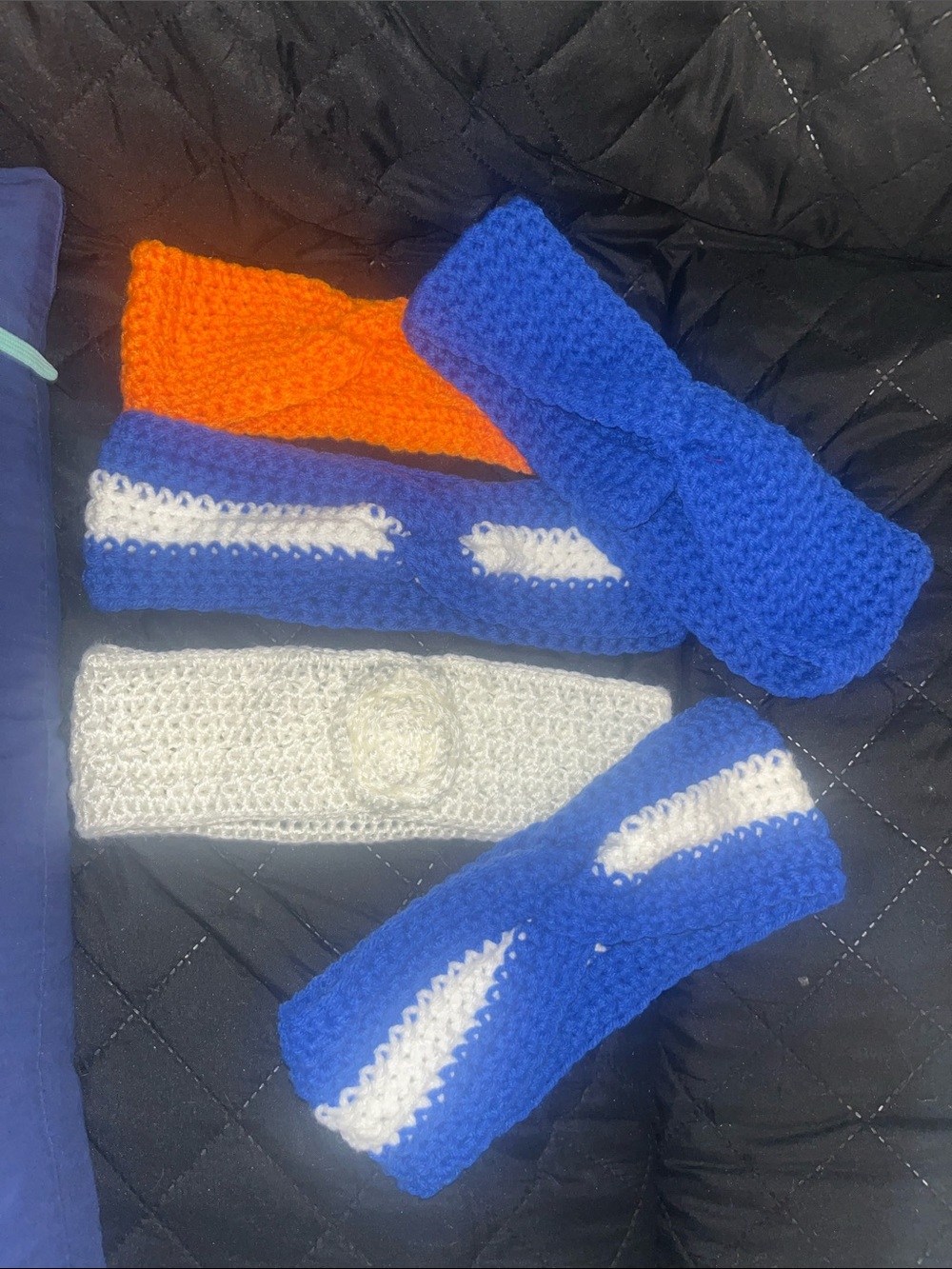 Handmade Men's Knit Headbands - Royal Blue, White & Orange Crocheted Gator 699